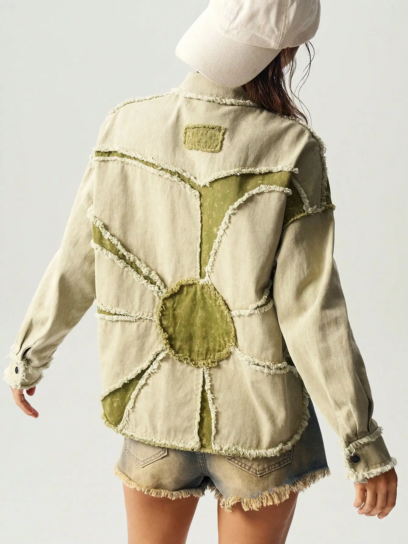 

Women's Oversized Patchwork Denim Jacket with Frayed Edges, Casual Streetwear Style for Fall