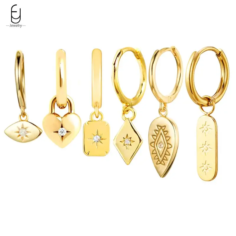 

925 Sterling Silver Needle Geometry Sun Tags Hoop Earrings for Women Vintage Heart/Square Pendant Earrings Fashion Jewelry