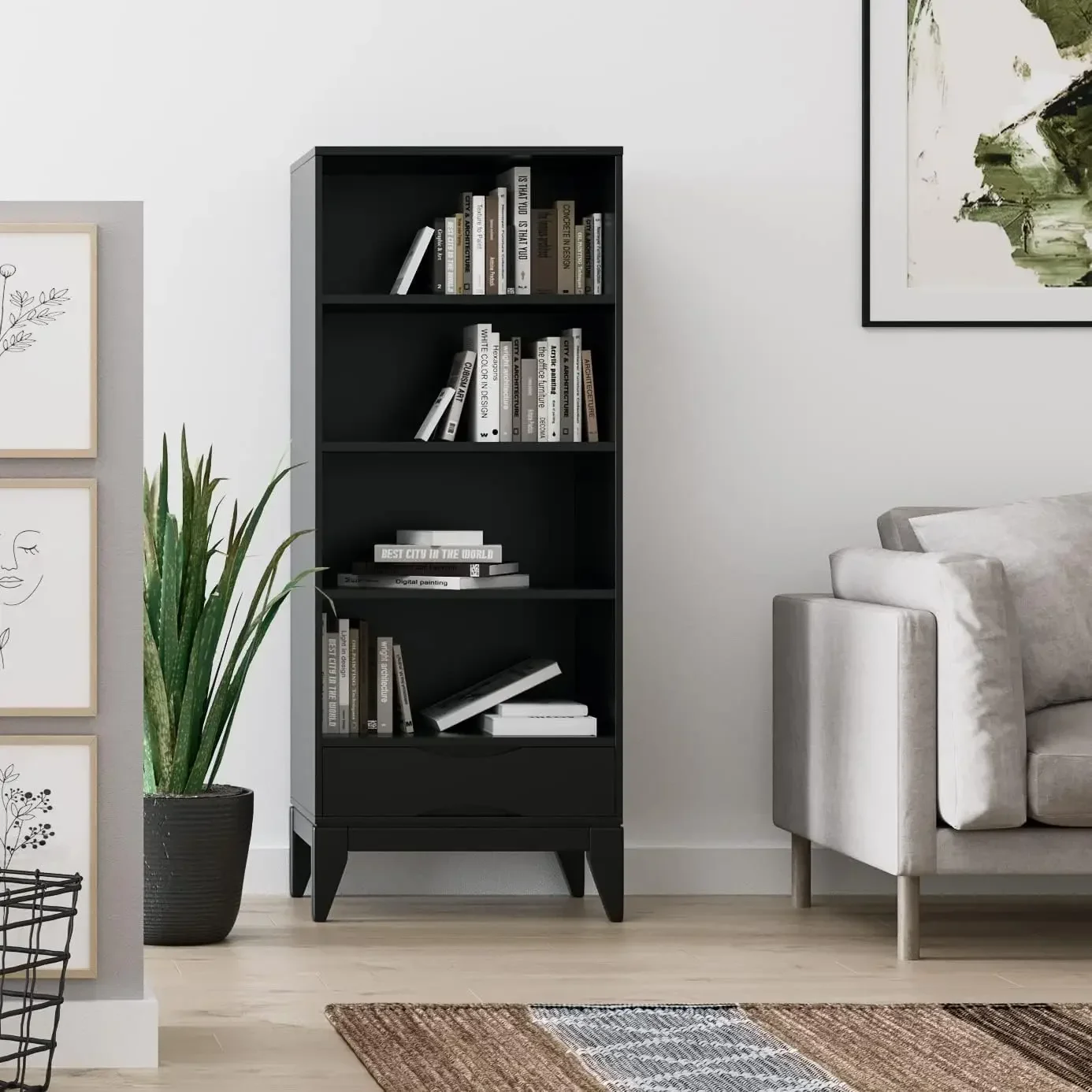 Harper SOLID HARDWOOD 24 Inch Wide Mid Century Modern Bookcase with Storage in Black, For the Living Room, Study Room