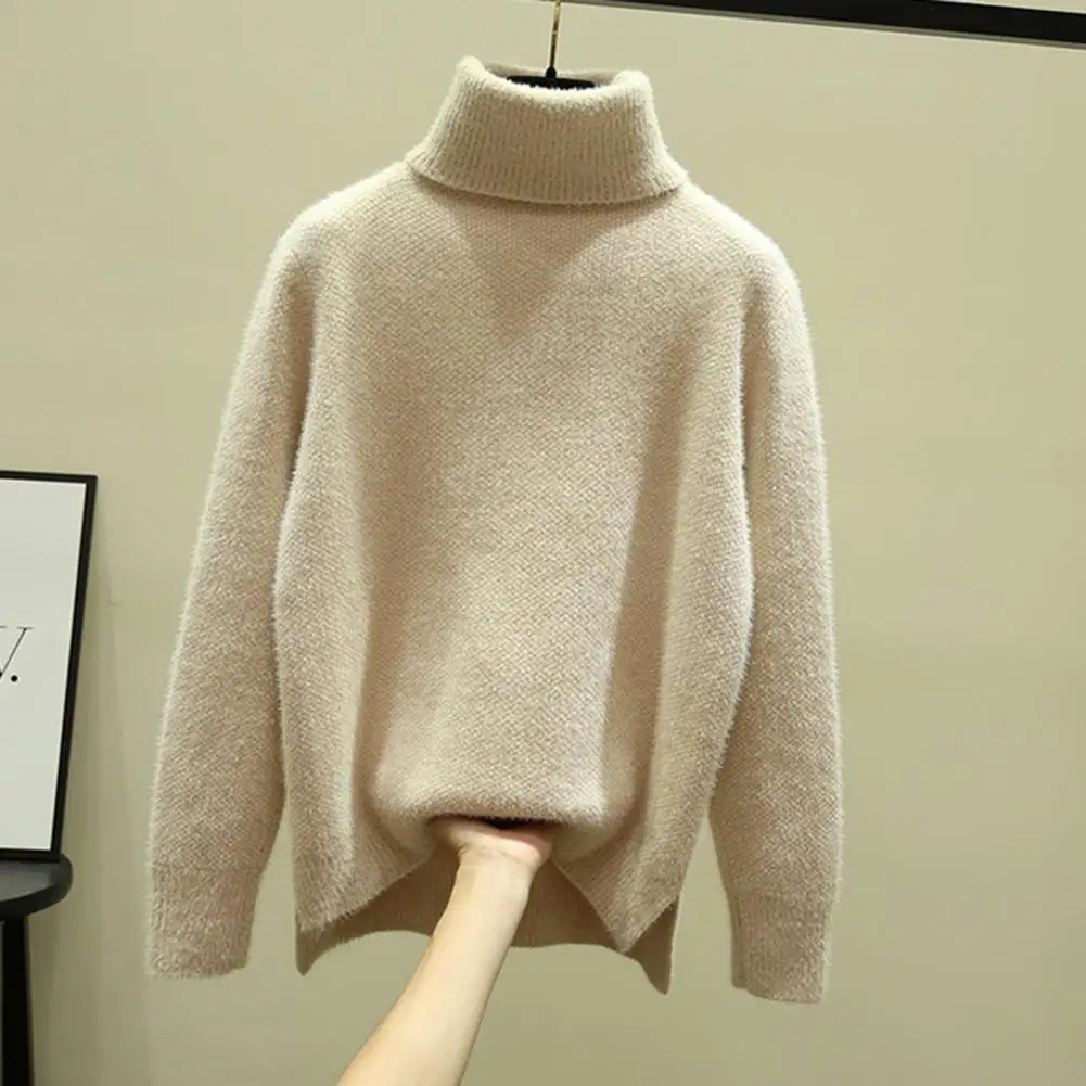 High Collar Sweater Warm High Collar Sweater Thickened Knitting Sweater Women\'s Turtleneck Pullover with Side Split Hem Cozy