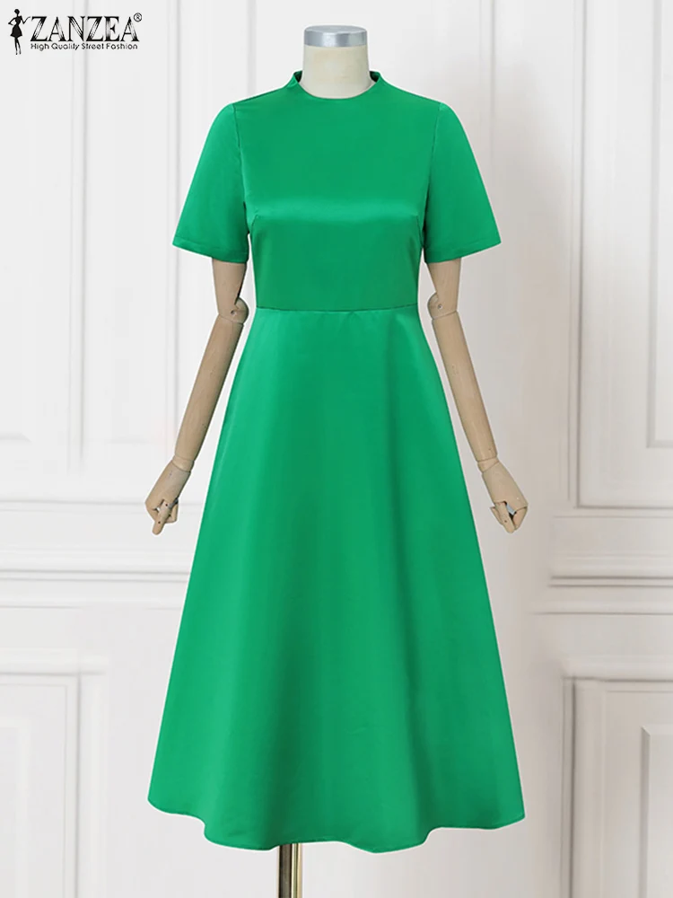 ZANZEA Elegant Satin Silk Midi Dress Office Work Women A-Line Party Summer Vestidos 2025 Sundress Casual Solid Short Sleeve Robe