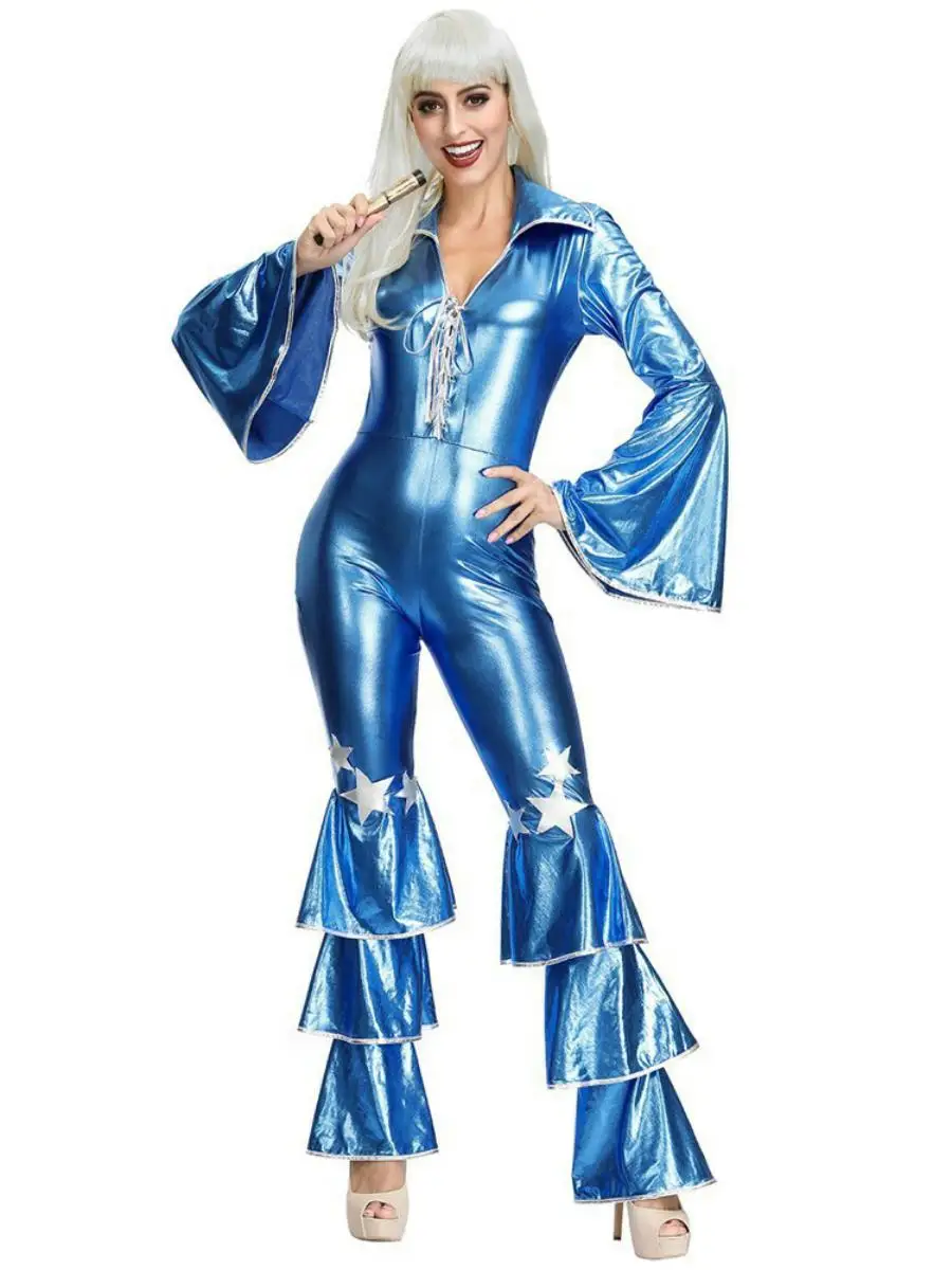 Blauwe Disco Prestaties Outfit 70s Sle Retro Jumpsuit voor Fem Singer Nachtclub Bar Prestaties Kostuum Halloween Kostuum