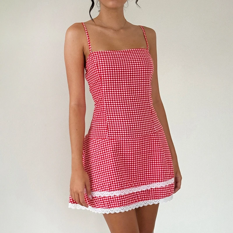 ​​Cottage Vintage Lace Trim A-line Dress Gingham Plaid Cami Straps Mini Dress Fairy Y2K Backless Double Layered Hem Short Dress