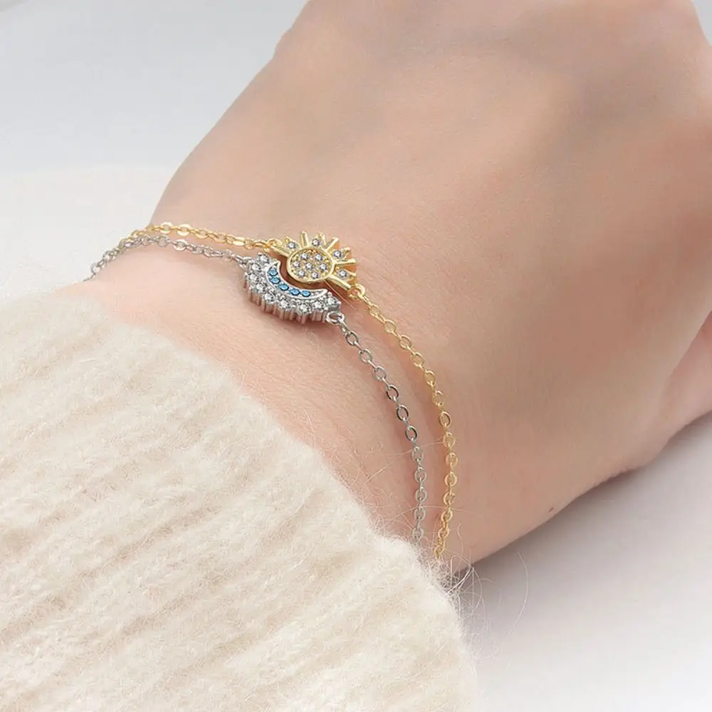 Sparkling Sun and Moon Bracelet Set Adjustable Stackable Couple Bracelets Cubic Zirconia Jewelry Gift Bangle For Women Men