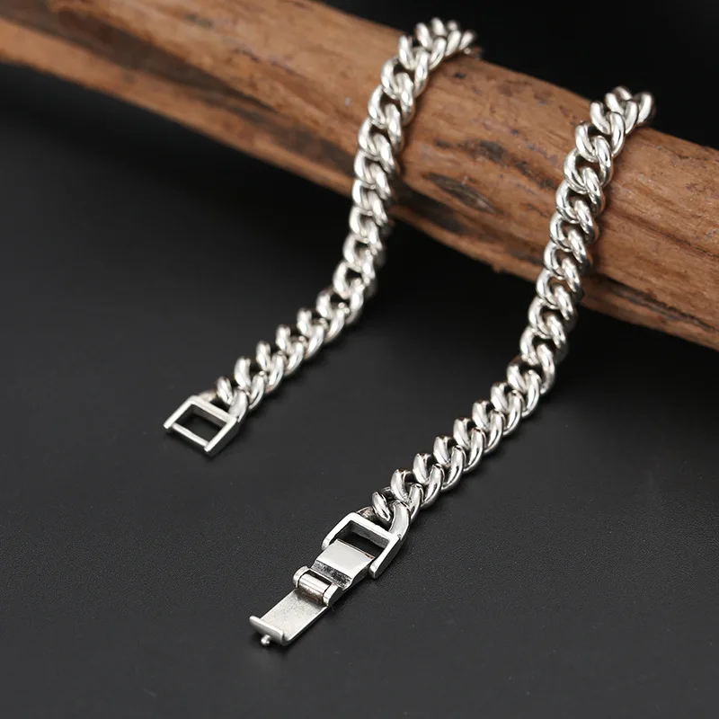 925 sterling silver trendy jewelry stylish buddha character six-character mantra buckle retro thai silver glossy bracelet men