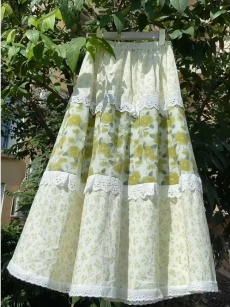 

Sweet Green Cake Skirt Women 2025 New High Waist Patchwork Lace Skirtd Fashion Trend All-match Faldas Mujer Moda