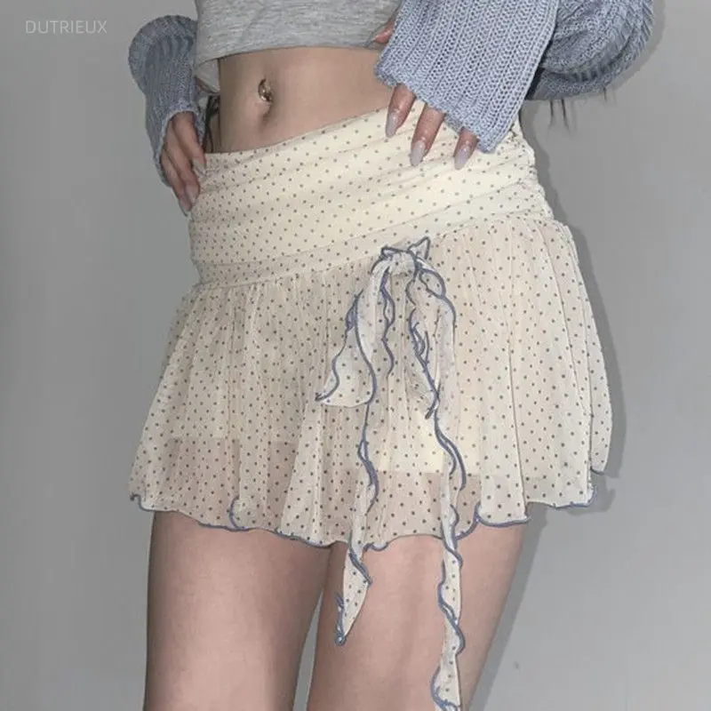 Korean Chic Polka Dot Skirts Lace Up Bow Low Waist Gauze Pleated Skirt Spicy Girl Y2k Aesthetic All-match Falda De Mujer Moda