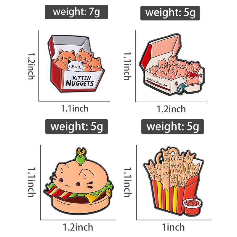 Cute Burger Cat French Fries Cat Brooch Enamel Pins Kitten Nuggets Fast Food Cat Brooches Lapel Backpack Badges Jewelry Friends