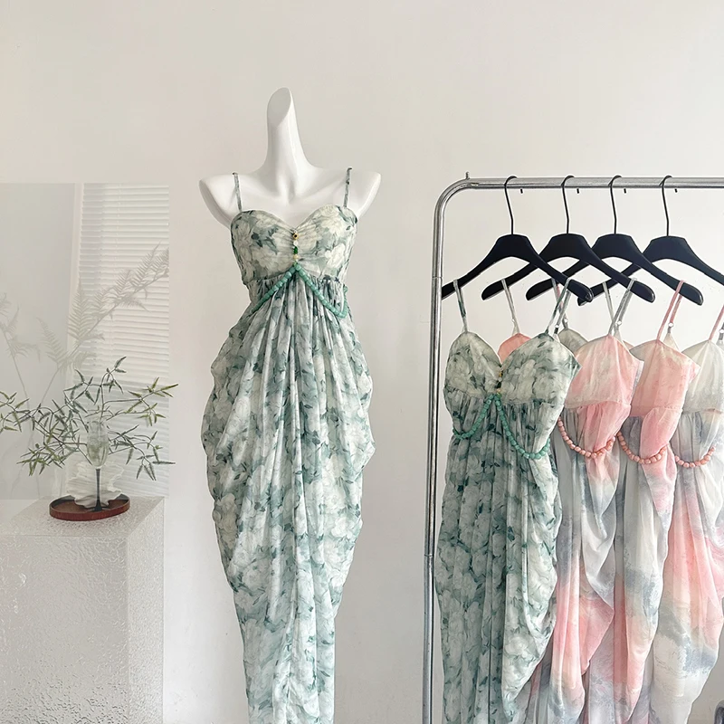 

Elegant Backless Printed Long Dress Women Bohemian Tie Dye Beach Vacation Dress Casual Chic Beaded Party Suspender Vestidos New