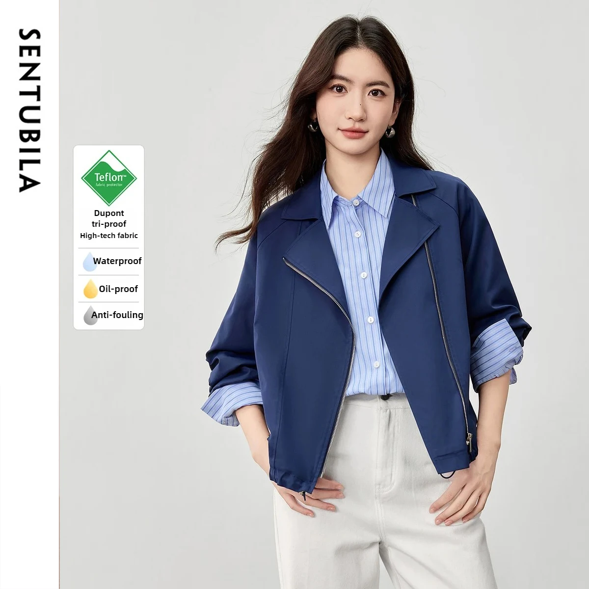 

SENTUBILA модные женские куртки однотонные пальто на молнии с отложным воротником для поездок на работу свободные пальто с регулируемым шнурком 153WB2106