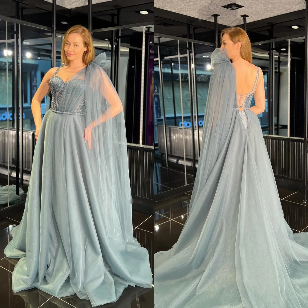 

Satin Sequined Ruched Party A-line One-shoulder Bespoke Occasion Gown Long Dresses Saudi Arabia Evening