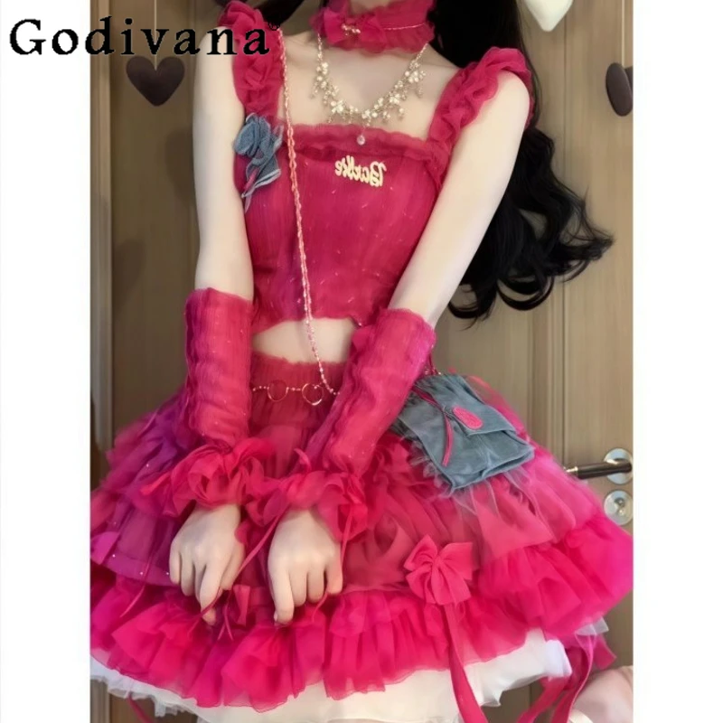 

Christmas Lolita Sweet Set Girls Pink Strap Top Lolita Cute Puffy Skirt Two Piece Suit Women's High Street Halloween Costume
