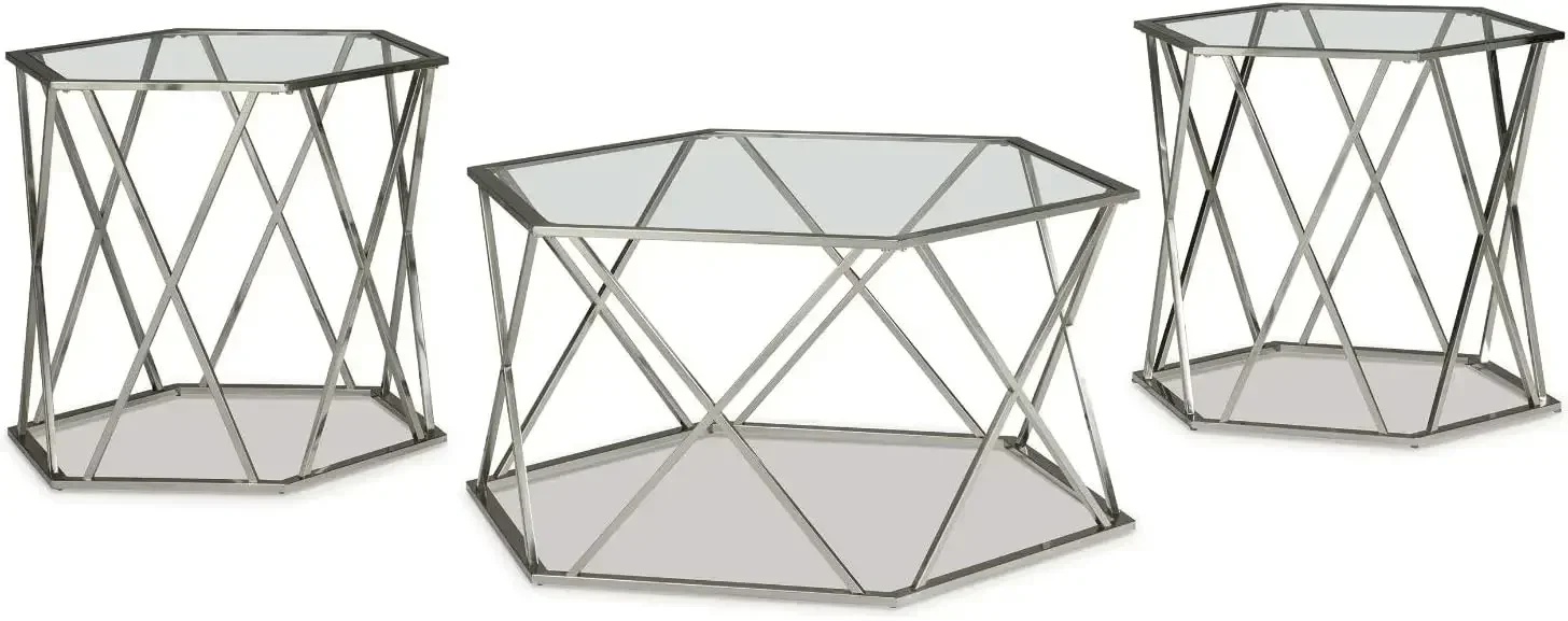 

A Modern Chrome 3-Piece Occasional Table Set, Includes Coffee Table and 2 End Tables, Silver