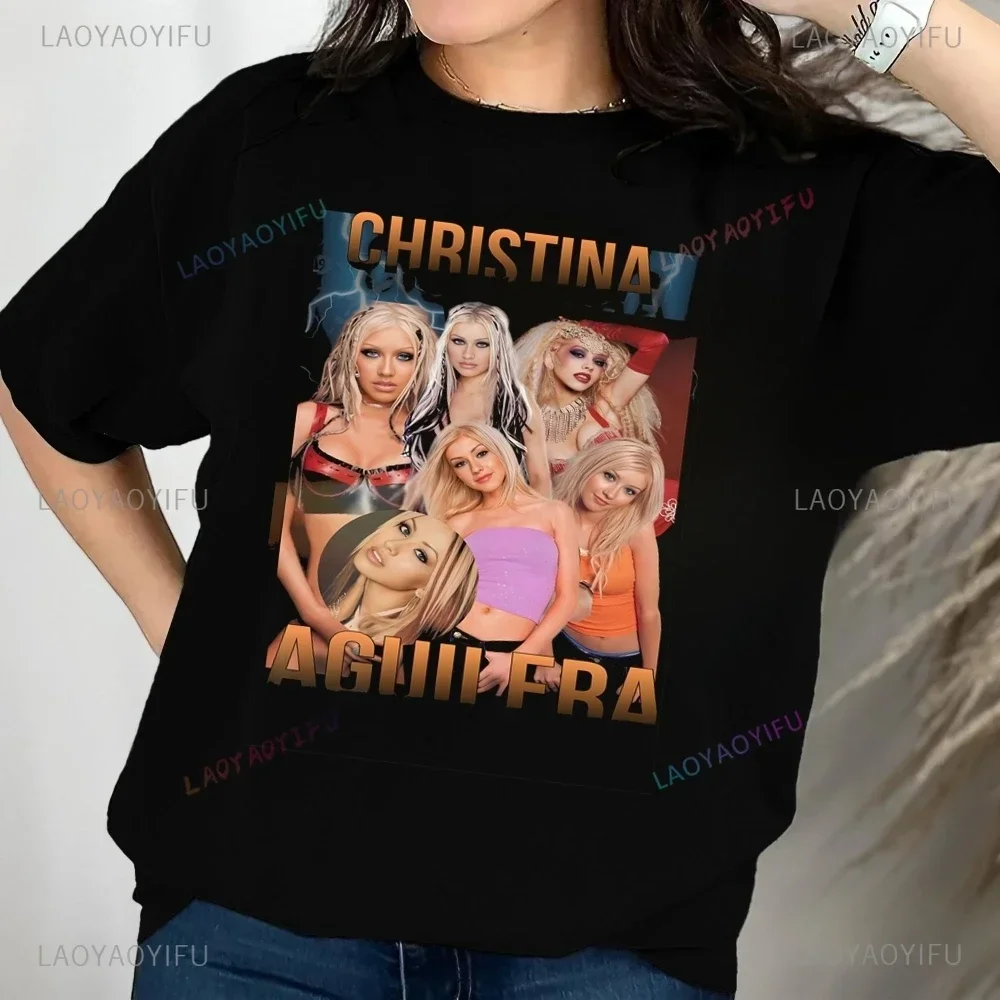 تي شيرت مطبوع عليه Streetwear Christina Aguilera Singer تي شيرت علوي للجنسين بأكمام قصيرة للجنسين تي شيرت جرافيك كبير الحجم