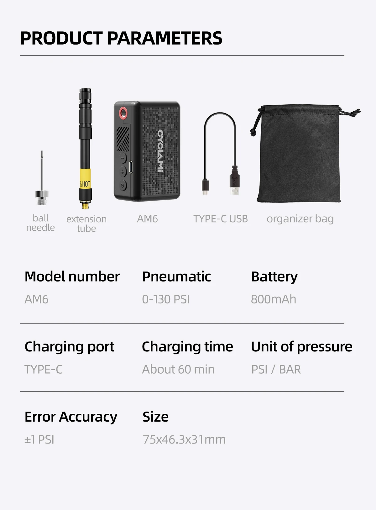 130 PSI CYCLAMI AM6 Tragbare elektrische Taschen-Inflatorpumpe, individuelle Reifendruckanzeige, 9-Bar-Reifenfüller, MTB, Rennrad, FV AV – Detail 8