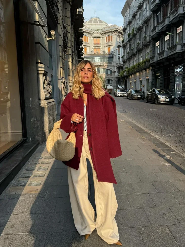 2024 New Fashion Borgogna Rosso Giacca di lana con colletto a sciarpa Donna Chic Tasche infradito oversize Cappotti solidi Lady Streetwear