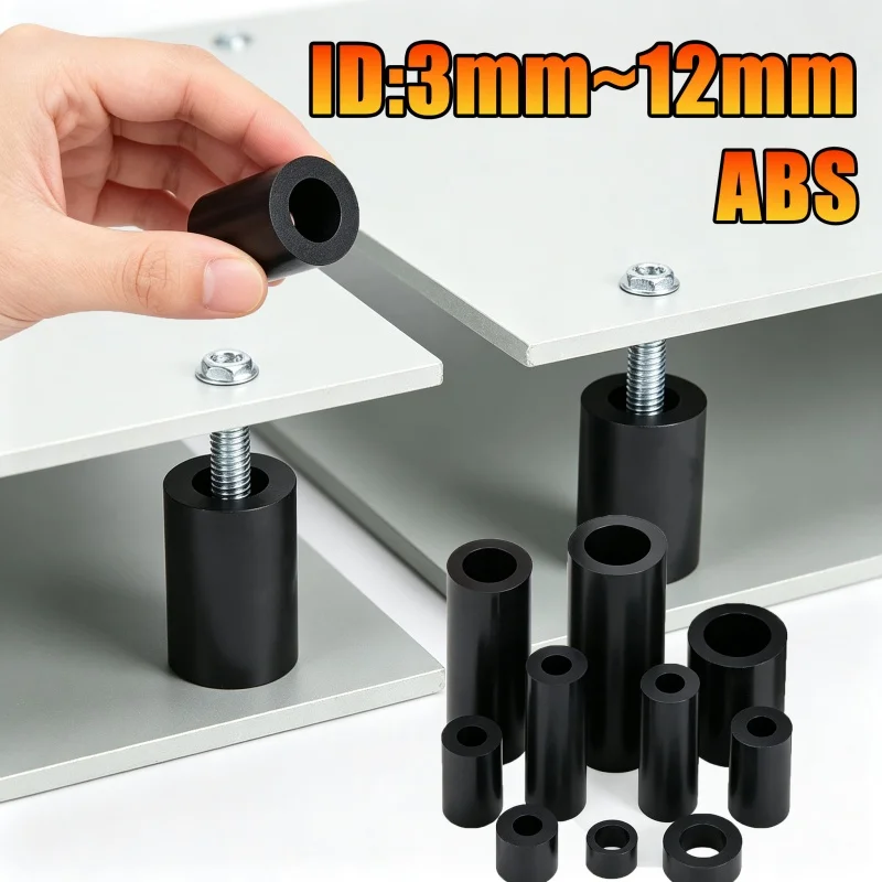 M3 M4 M5 M6 M8 M10 M12 Black ABS Non-Threaded Hollowed Nylon Spacer Round Hollow Standoff Washer PCB Board Screw for TV Install