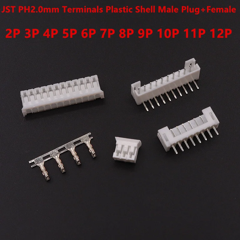 JST PH2.0 2/3/4/5 Pin Terminals Plastic Shell Male Plug + Female Socket Wire Connector PH2.0 2P 3P 4P 5P 6P 7P 8P 9P 10P 12P