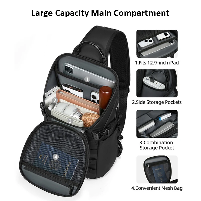رجل حقيبة كروسبودي قصيرة السفر حبال حقيبة ساعي حقيبة الصدر مقاوم للماء USB حقيبة ظهر بكتف واحد للكمبيوتر اللوحي 12.9 بوصة