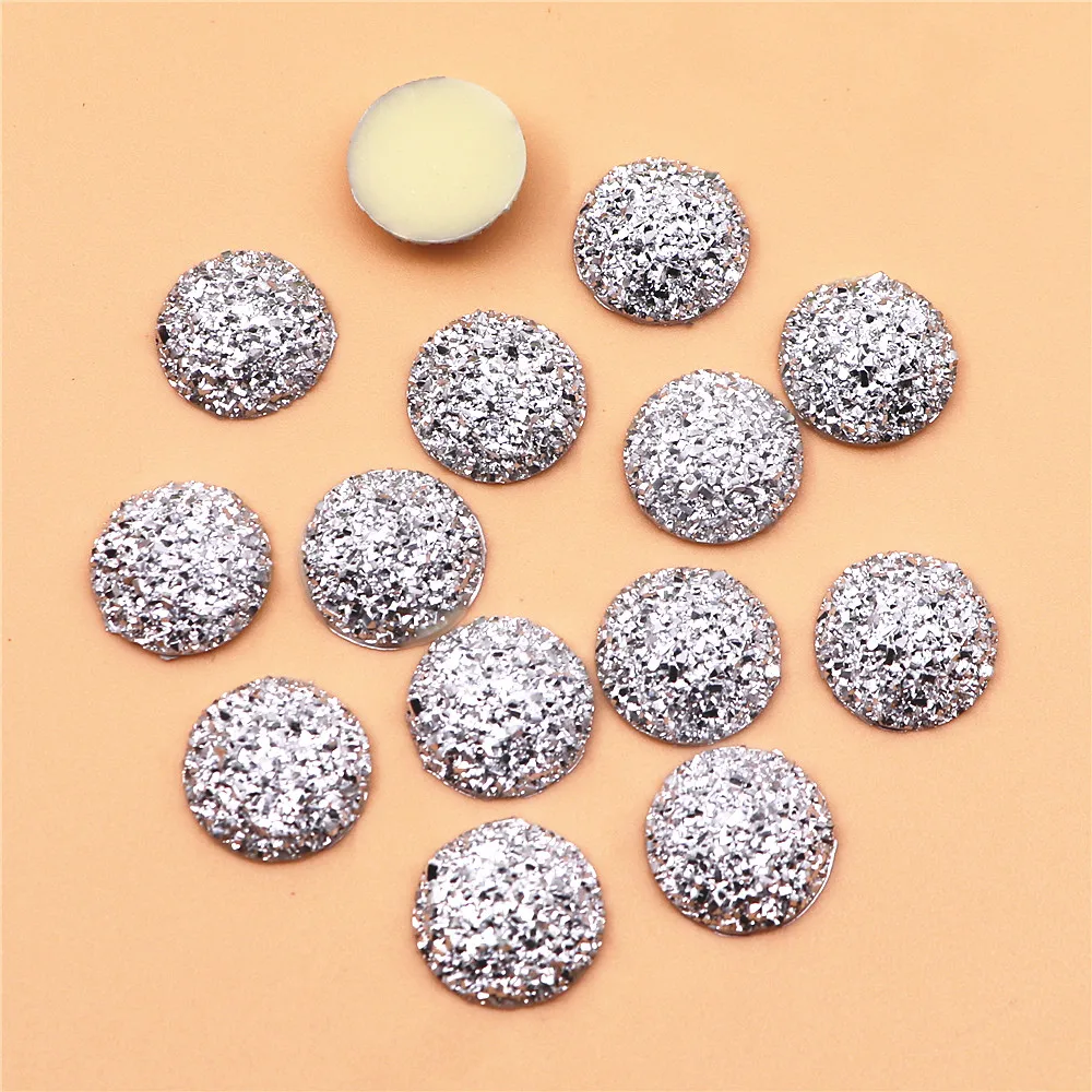 50pcs 16mm Round Shiny Silver Druzy Stone Surface Resin Flatback Cabochon DIY Craft Accessories
