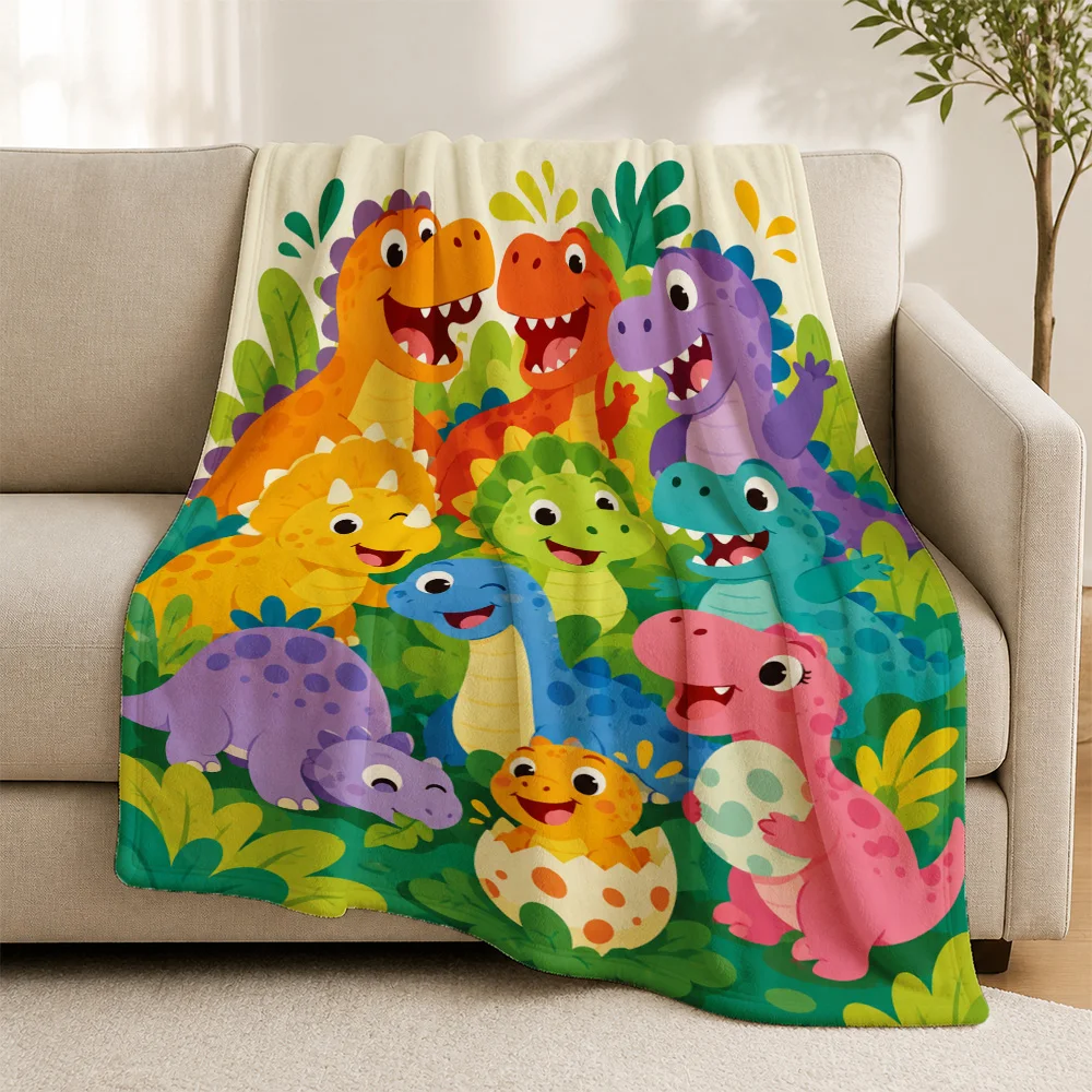 Vibrant Dinosaur Print Throw Blanket for Kids Nursery Room Home Decor Jungle Safari Theme Cozy Fleece Throw Sofa Decorative Gift