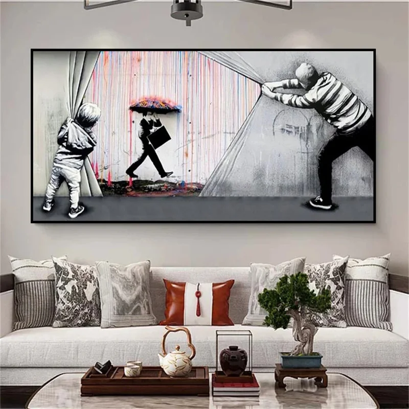 

Banksy Artwork Funny Boy Pulling the Curtain Poster and Prints Abstract Modern Home Decor Graffiti Art Portrait Canvas Paintings