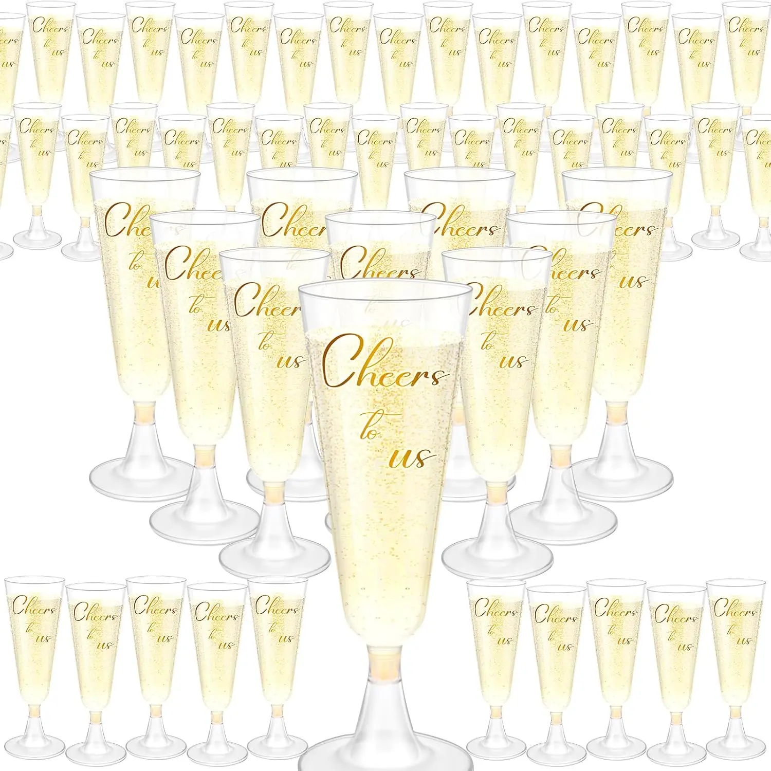 

100 Pack Disposable Champagne Flutes 4.05oz Gold Cheers Print Plastic Toasting Glasses for Wedding, Party, Baby Shower, Holiday