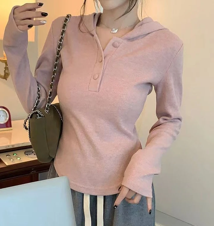 

Shoulder Hooded Long Sleeved T-shirt for Women Short Style for Spring and Autumn Irregular Base Shirt Top