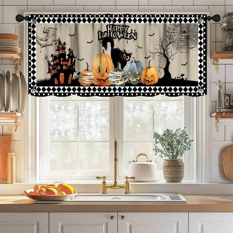 VIKAMA Halloween Fall Window Valance Castle Scarecrow Gnome Pumpkin Maple Leaf for Kitchen Holiday Window Decor