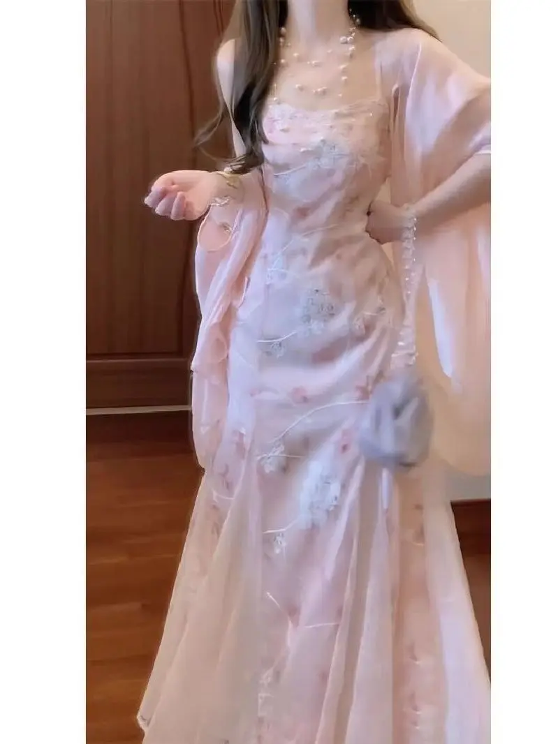 

New Chinese Style Floral Print Sundress with Shawl Two-Piece Set High Waist V-Neck Sleeveless Embroidered Sun Protection
