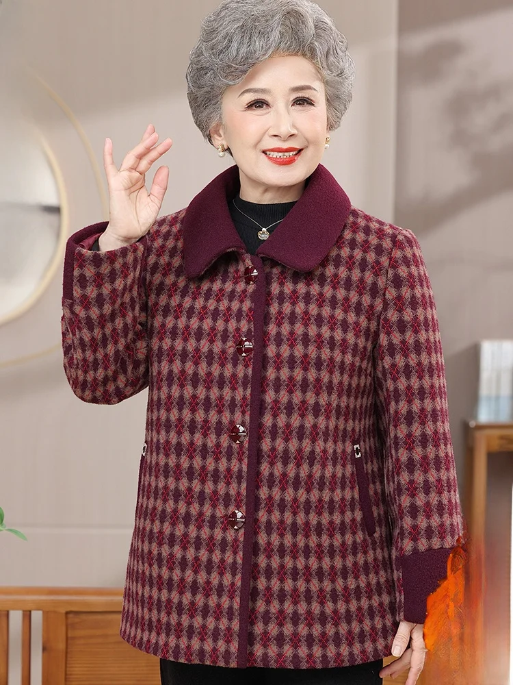 

Thiened Woolen Coat Stand Collar Warmth Mommy Winter Faion Small Size Stand Pear ape Loose Fit Long Pants Buttoned