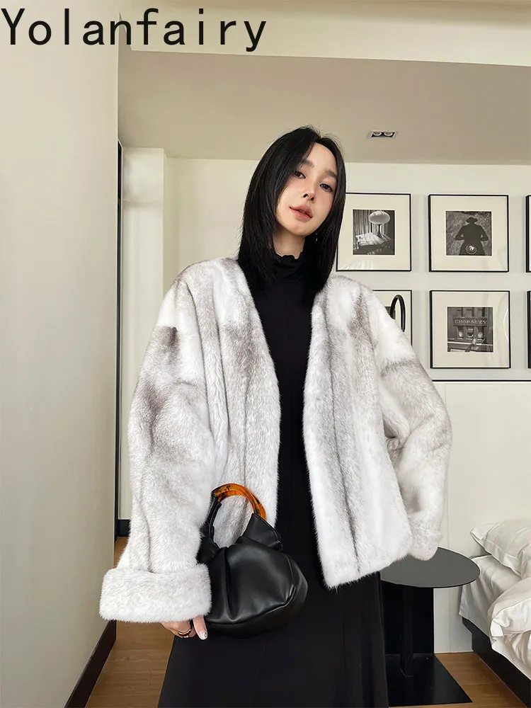 YOLANFAIRY Real Mink Fur Coat Woman Young Style Short Velvet‑Grade Whole Mink Natural Fur Jacket Warm Luxury Women Clothing 60cm