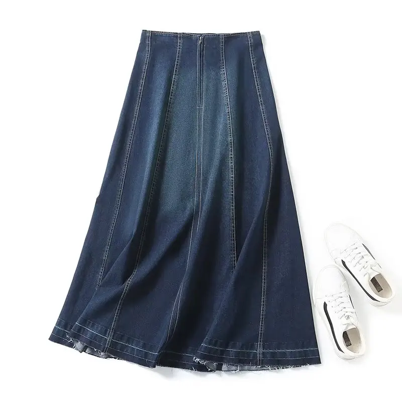 

Withered Fashion Ladies Vintage Denim Skirt Fitting High Waisted Patchwork Slim Midi Skirt Women