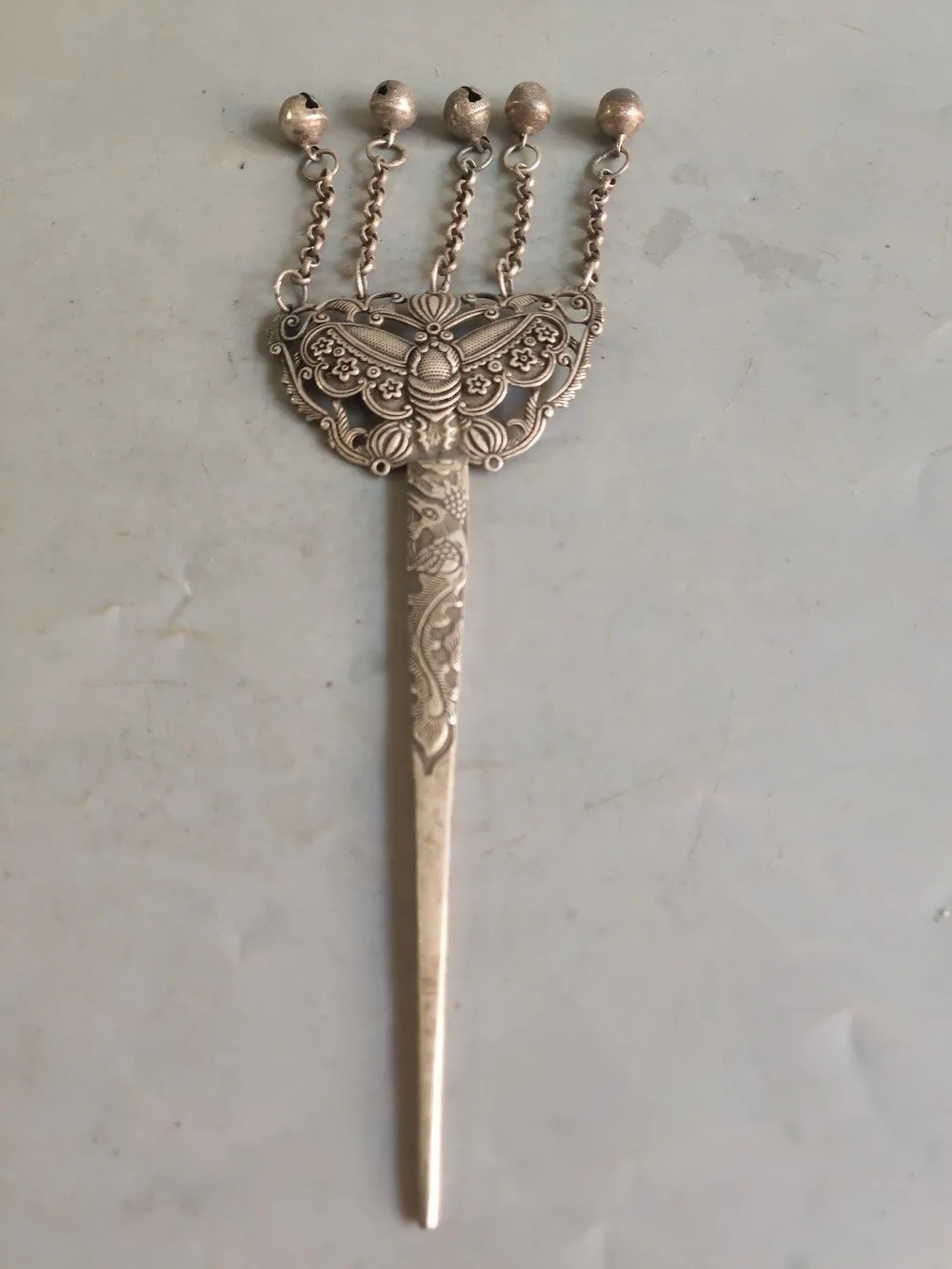 Old Chinese tibetan Silver Hairpin, Moth Design with Bell Tassels statue