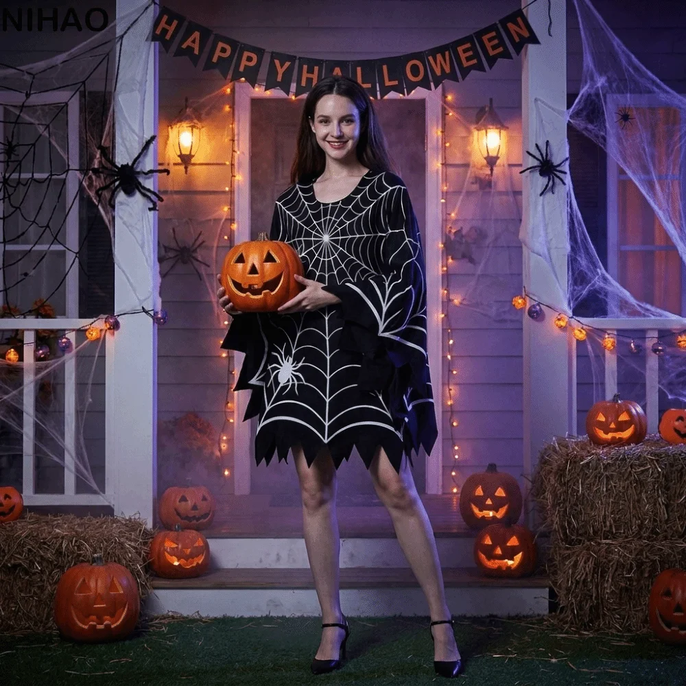 Creative Scary Halloween Spider Web Cloak Creepy Black Shawl Poncho Cape Ghost Poncho Stage Drama