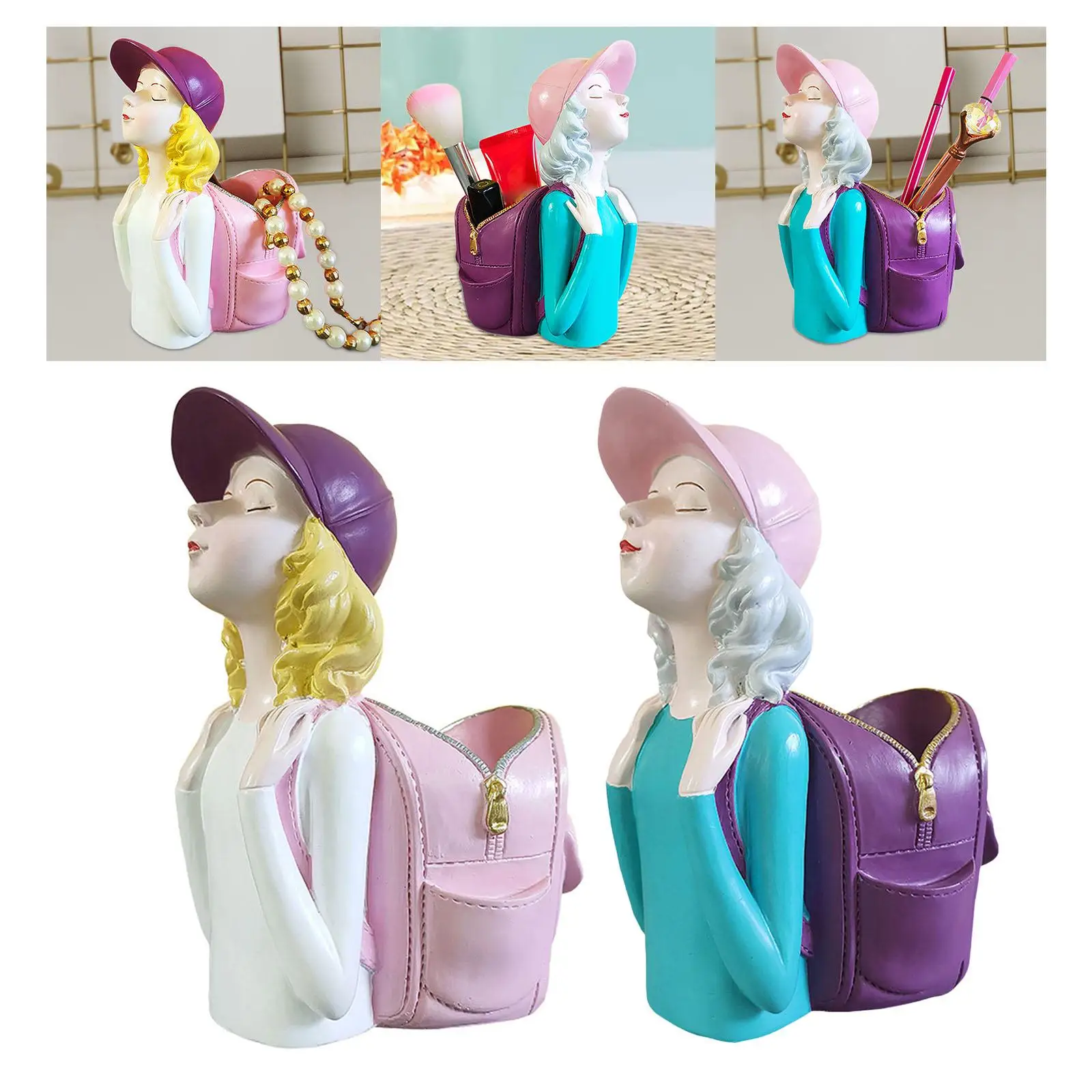 

Girl Figurine Brushes Holder Girl Sculpture Resin Desktop Pen Holder for Desktop Table Top Living Room Vanity Study Room