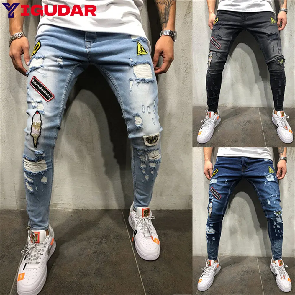

Ripped Streetwear Men jeans Stretch Jeans Casual Men jeans Solid Color Slim Fit Skinny Pants Sports Jogging Harajuku Pants