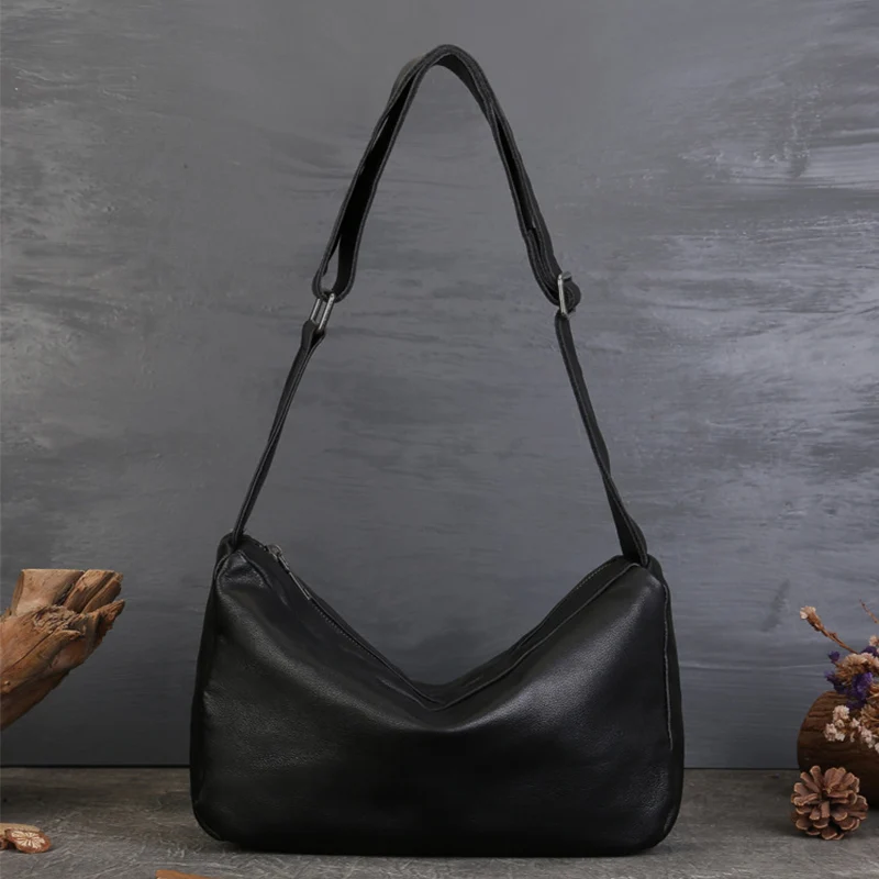 

Black Genuine Cow Leather Hobo Bag Retro Casual Style Minimalist Design Daily Use Adjustable Strap Chic Practical Shoulder Bags