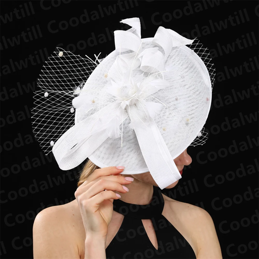 

Bride White Fascinator Hat Women Cocktail Church Veils Headpiece Ladies Royal Ascot Pillbox Cap With Headband Mesh Millinery Cap