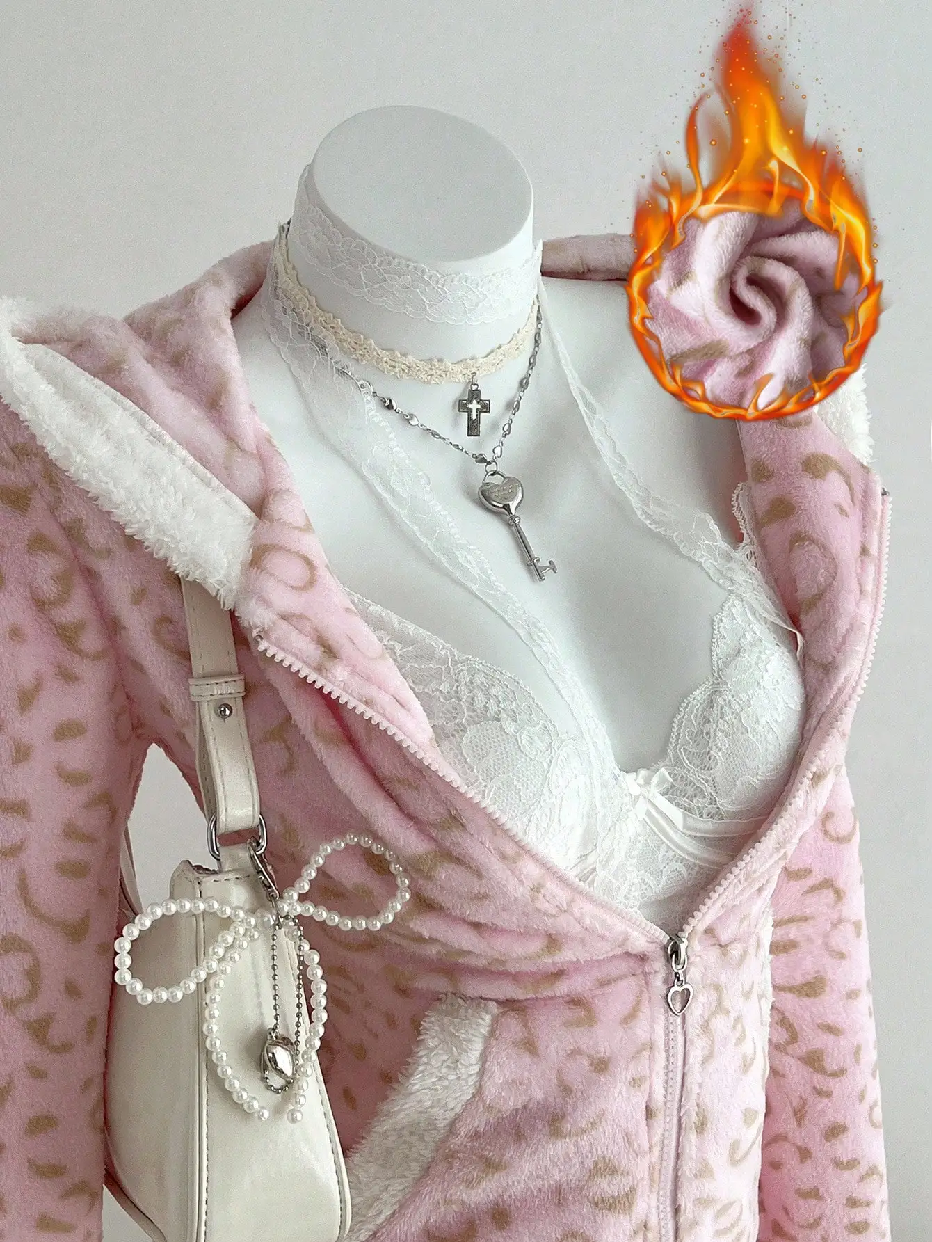 

Pink Leopard Print Fleece Zip-Up Hooded Jacket with Lace Trim for Women