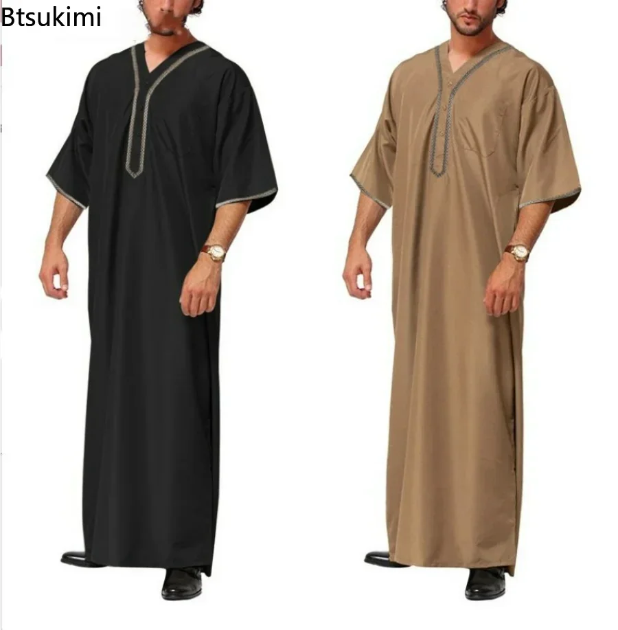 2025 Muslim Men Jubba Thobe Solid Button Kimono Middle Robe Saudi Muslim Man Shirt Stand Collar Islamic Arabic Kaftan Men Abayas