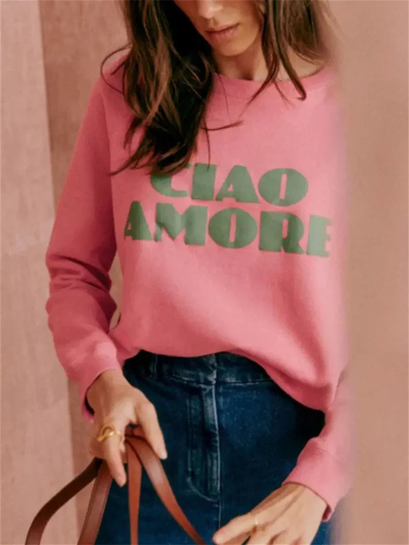 Pink Women's Terry Sweatshirt Letter Printed Long Sleeve Female Round Neck Pullover Tops 2024 Spring