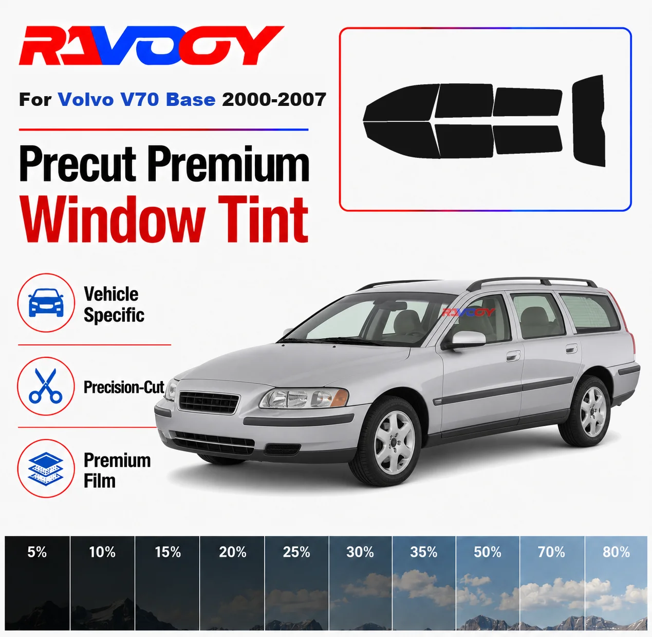 Premium Precut Window Tint Kit Front Rear Windows Rear Windshield For Volvo V70 Base 2000-2007 Complete Set Nano Ceramic Film