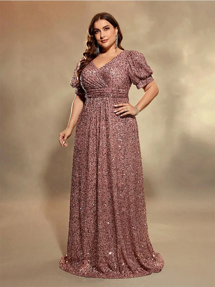 Robe de soirée brillante multicolore, grande taille, col en V, manches courtes, paillettes, rose, longueur au sol, robe de banquet, 4XL, 5XL