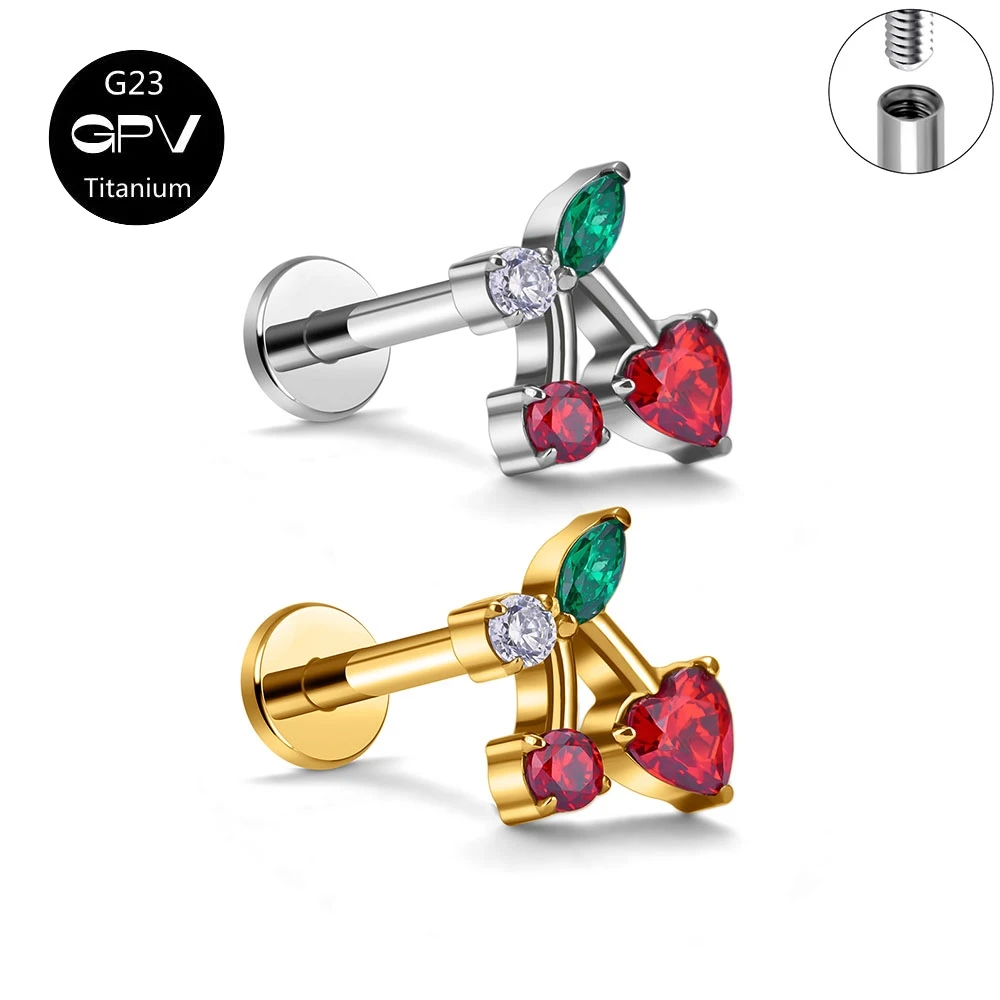 ASTM G23 Titanium Cherry Ear Cartilage Nail Exquisite ZC Internal Thread Women's Perforated Jewelry Ear Nail Nose Nail