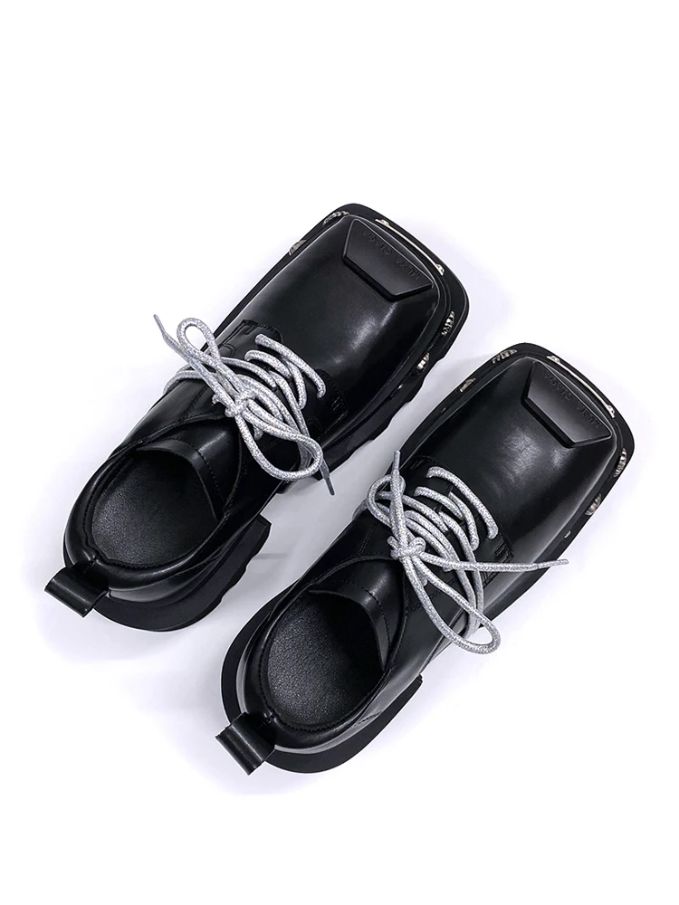 Original Design Square Head Heightening Leather Shoes Women's Stylish British  Shoes Men's Versatile Commute Casual Thic...