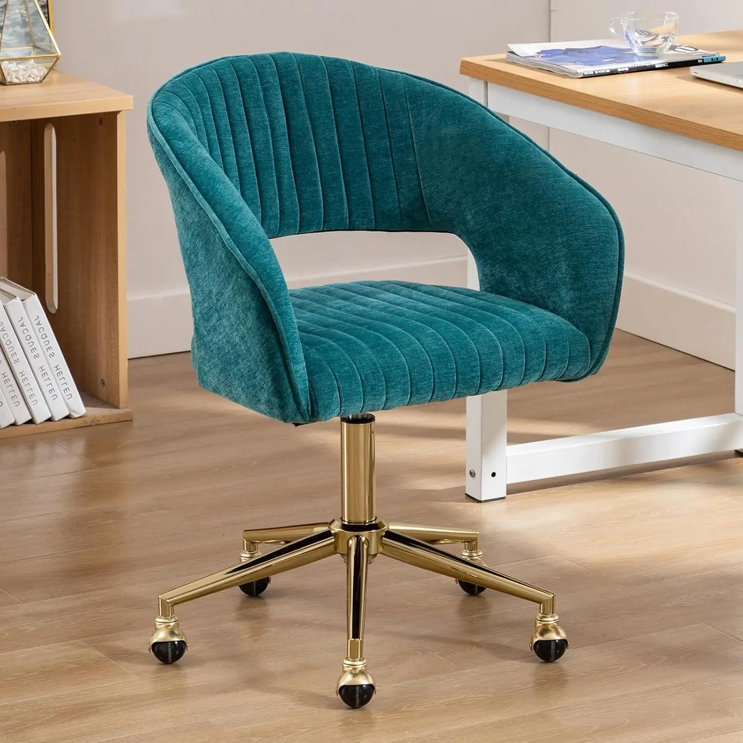 Sedia da ufficio Chairus, sedia girevole per toeletta con altezza regolabile, design moderno color verde acqua, rivestimento in morbido tessuto chenille, base in metallo robusta, ideale per camera da