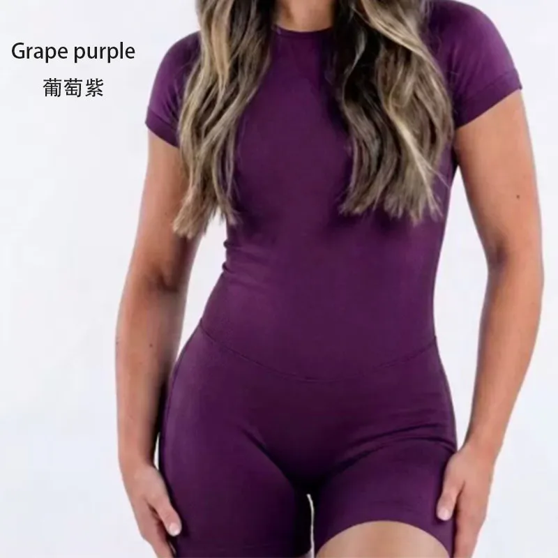 Denyf Short Sleeve Bodysuit One Piece Gym Women Yoga Playsuit Fitness Clothes Workout Jumpsuit Backless Set Siamese