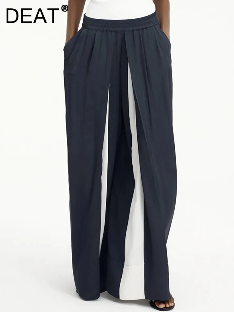 

DEAT Fashion Women's Pant Elastic High Waist Pockets Contrast Color Pockets Loose Wide Leg Trouser Autumn 2024 New Tide 17A5674