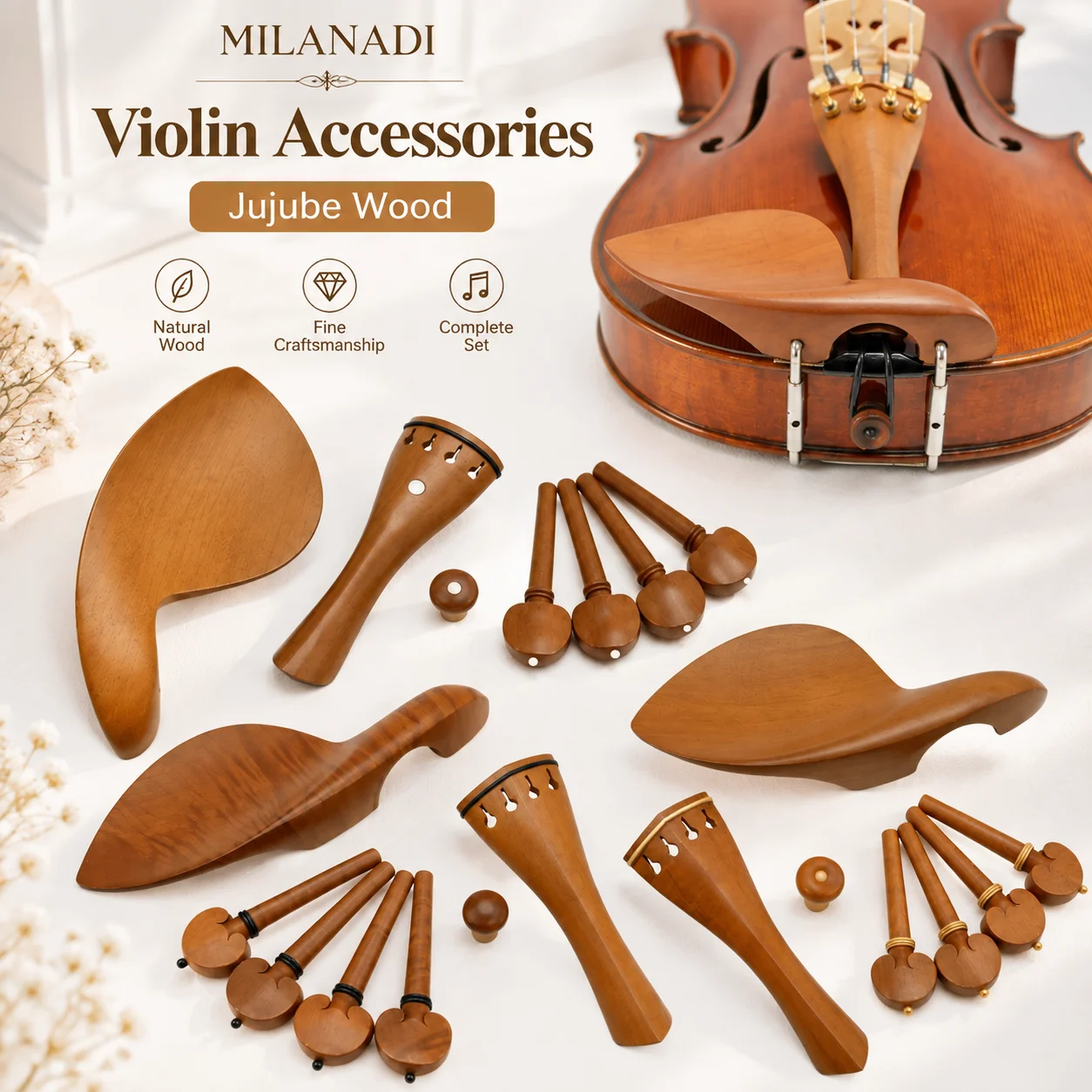1 Set of 4/4 Violin/Viola Jujube Wood Accessories Parts Fittings,Tailpiece+Tuning Pegs+Endpins+Chin Rest/Chin Holder